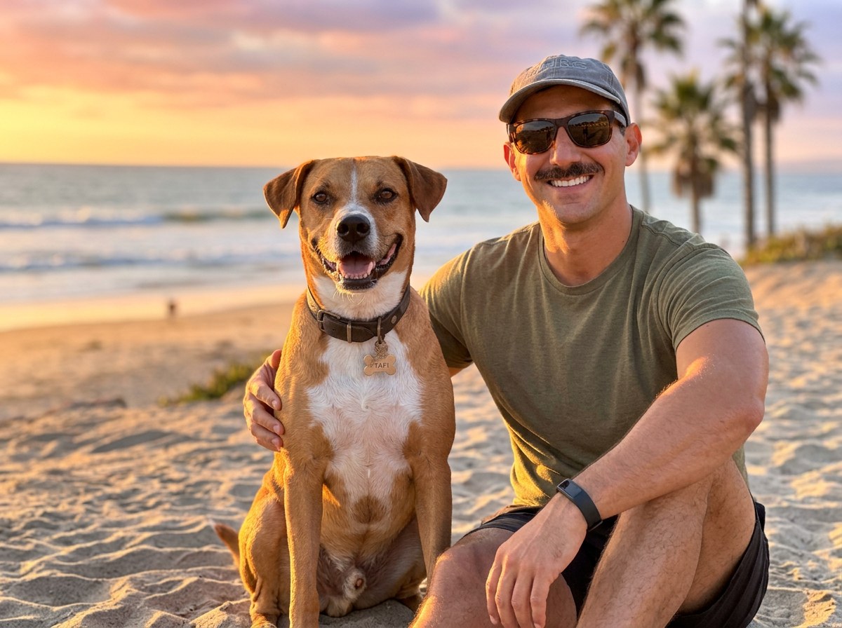 George with a German Shepherd, both smiling